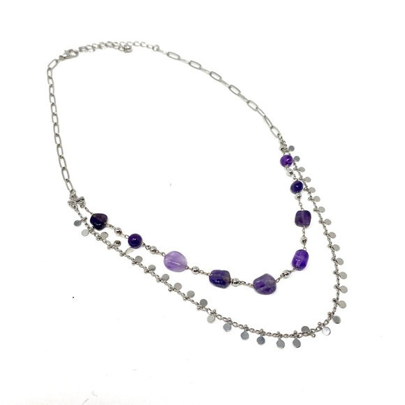 New Free People Amethyst Purple Stone Silver Layered Necklace - Picture 1 of 5